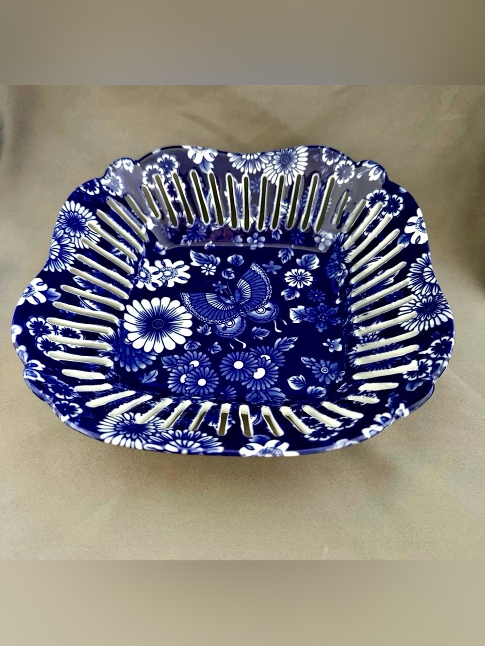VTG Blue & White Porcelain Handpainted Scalloped Salad Bowl Floral Dish Server
